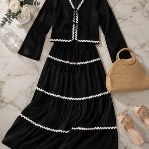 Lace Layered Pleated Lantern Sleeve Bow Shirt And Skirt Suit Women Jovera Joyce