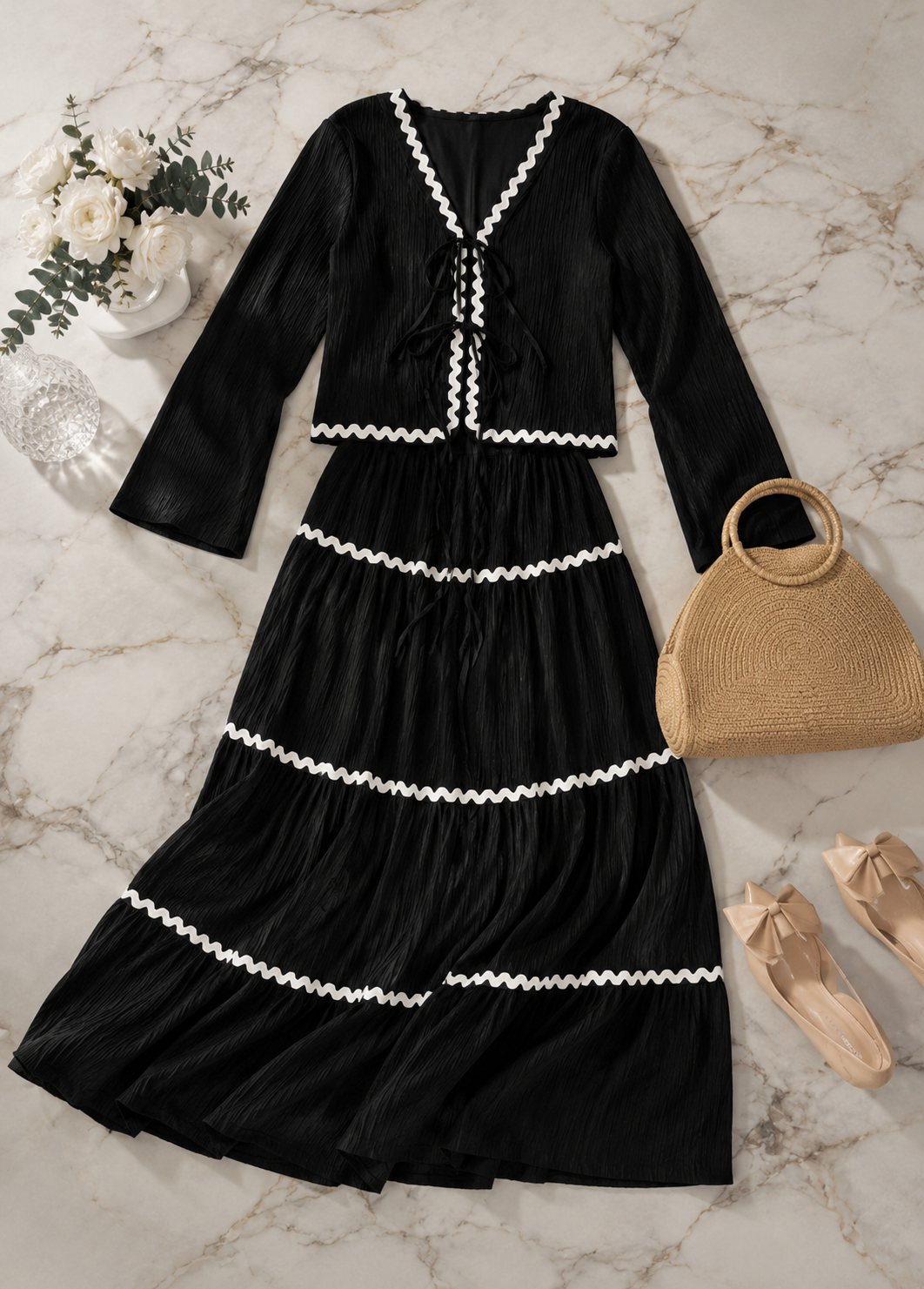 Lace Layered Pleated Lantern Sleeve Bow Shirt And Skirt Suit Women Jovera Joyce