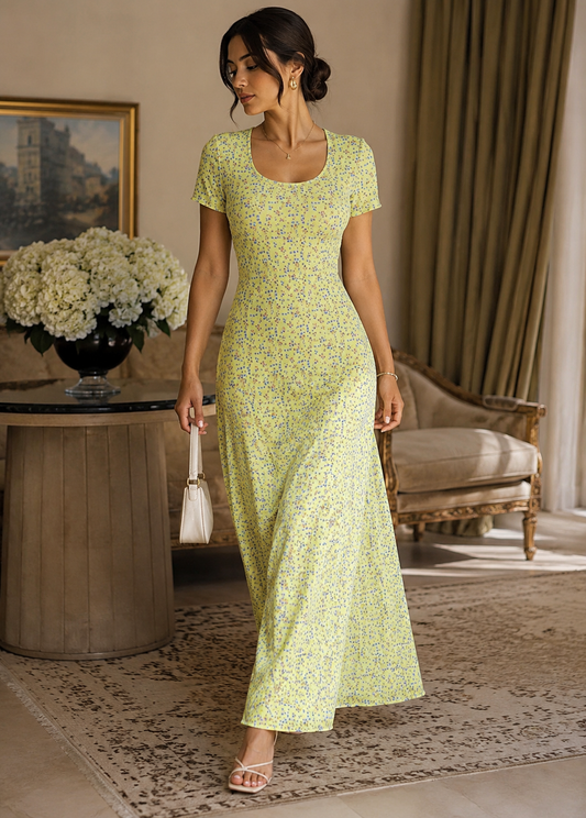Fashion Printed U-neck Back Strap Short Sleeve Dress Jovera Joyce