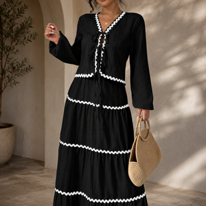 Lace Layered Pleated Lantern Sleeve Bow Shirt And Skirt Suit Women Jovera Joyce