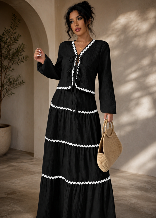 Lace Layered Pleated Lantern Sleeve Bow Shirt And Skirt Suit Women Jovera Joyce
