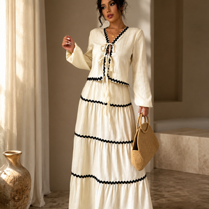 Lace Layered Pleated Lantern Sleeve Bow Shirt And Skirt Suit Women Jovera Joyce