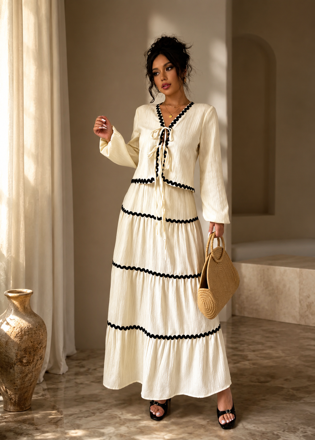 Lace Layered Pleated Lantern Sleeve Bow Shirt And Skirt Suit Women Jovera Joyce