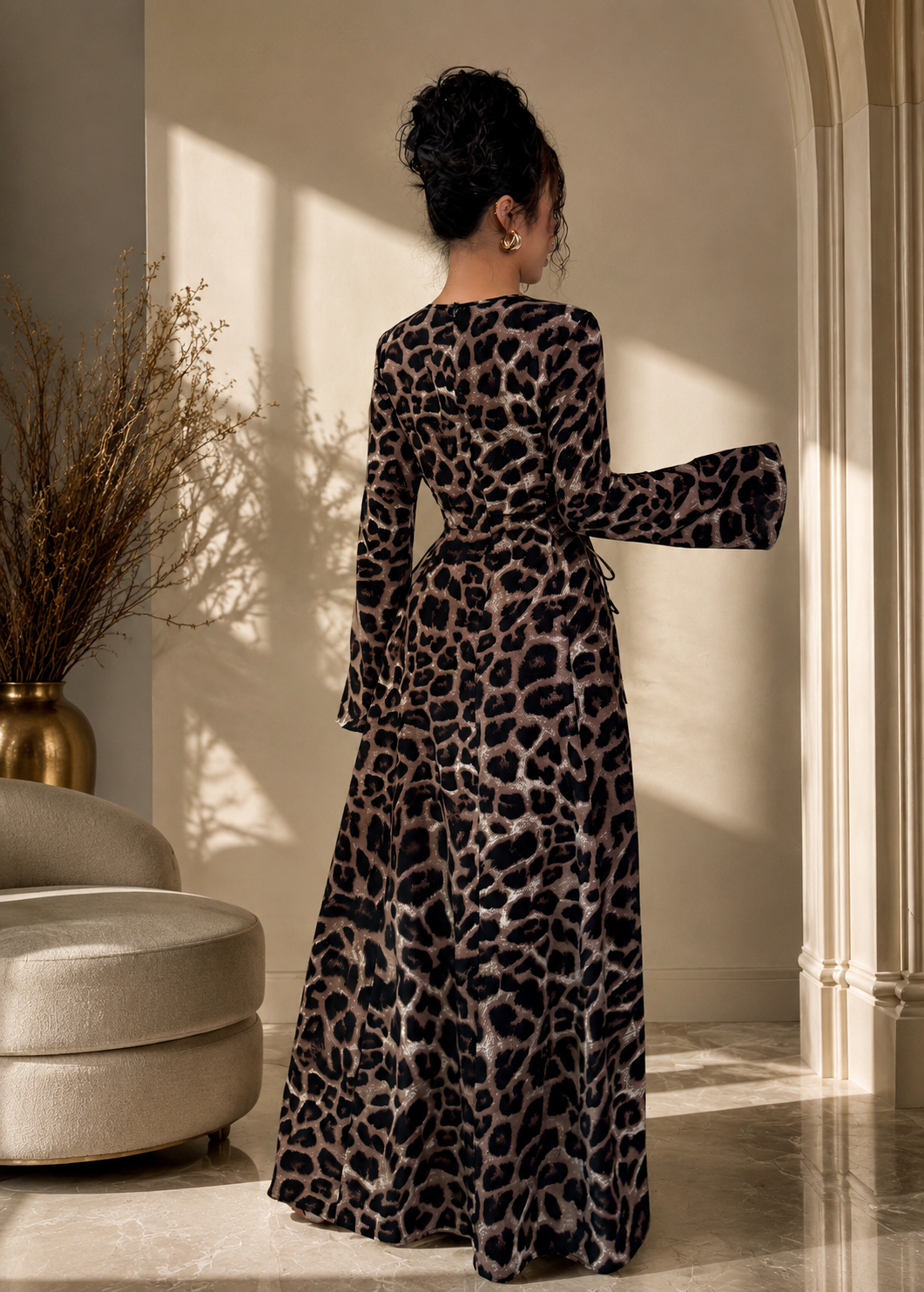 French Leopard Print Long Sleeve Dress Women Jovera Joyce