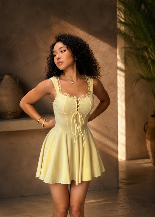 Sexy Square-neck Lace Waist Trimming Yellow Gallus Dress Jovera Joyce