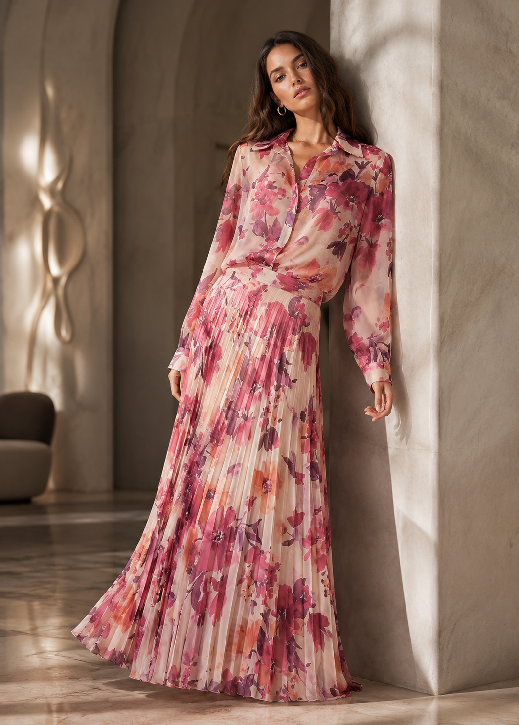 Fashion Casual Two-piece Suit Printed Long Sleeve Shirt High Waist Skirt Suit Jovera Joyce