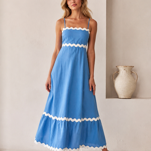 New Suspender Long Dress Summer Fashion Solid Color Wave Pattern Printed Beach Dresses For Womens Clothing Jovera Joyce