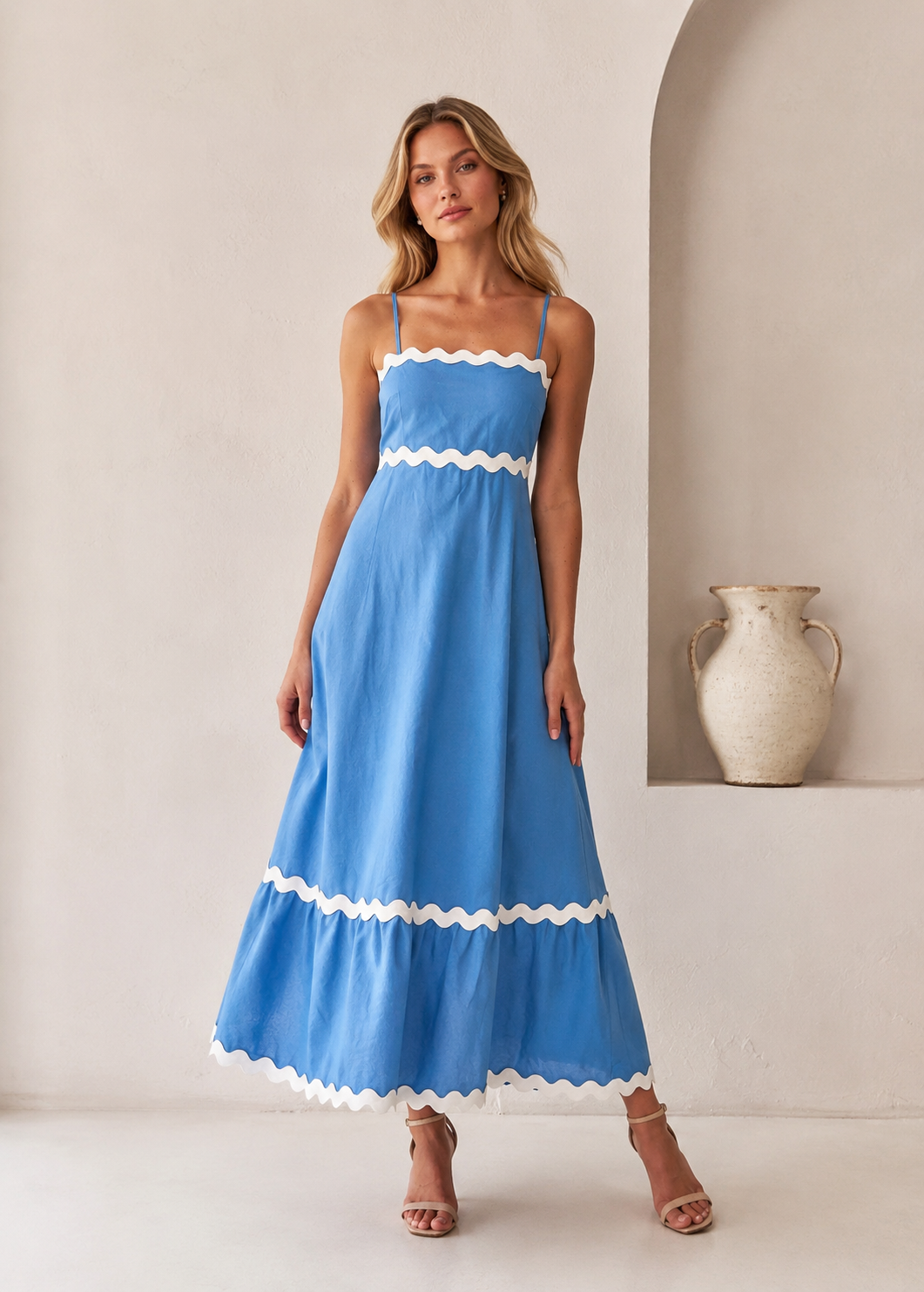 New Suspender Long Dress Summer Fashion Solid Color Wave Pattern Printed Beach Dresses For Womens Clothing Jovera Joyce