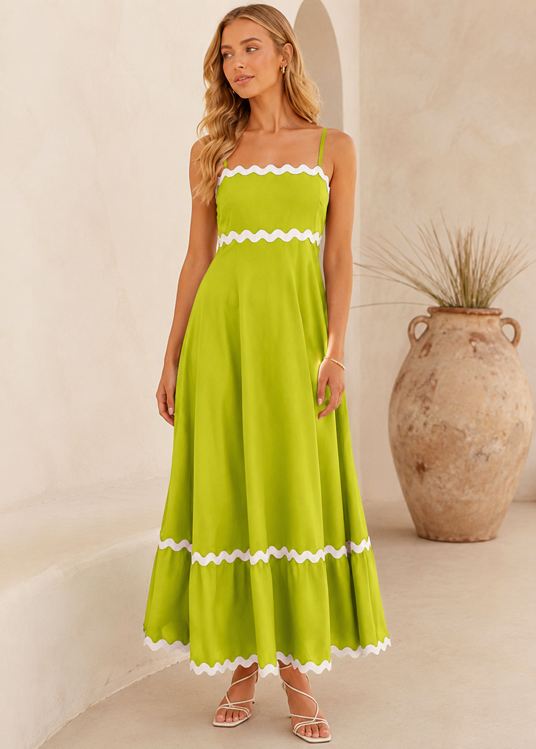 New Suspender Long Dress Summer Fashion Solid Color Wave Pattern Printed Beach Dresses For Womens Clothing Jovera Joyce