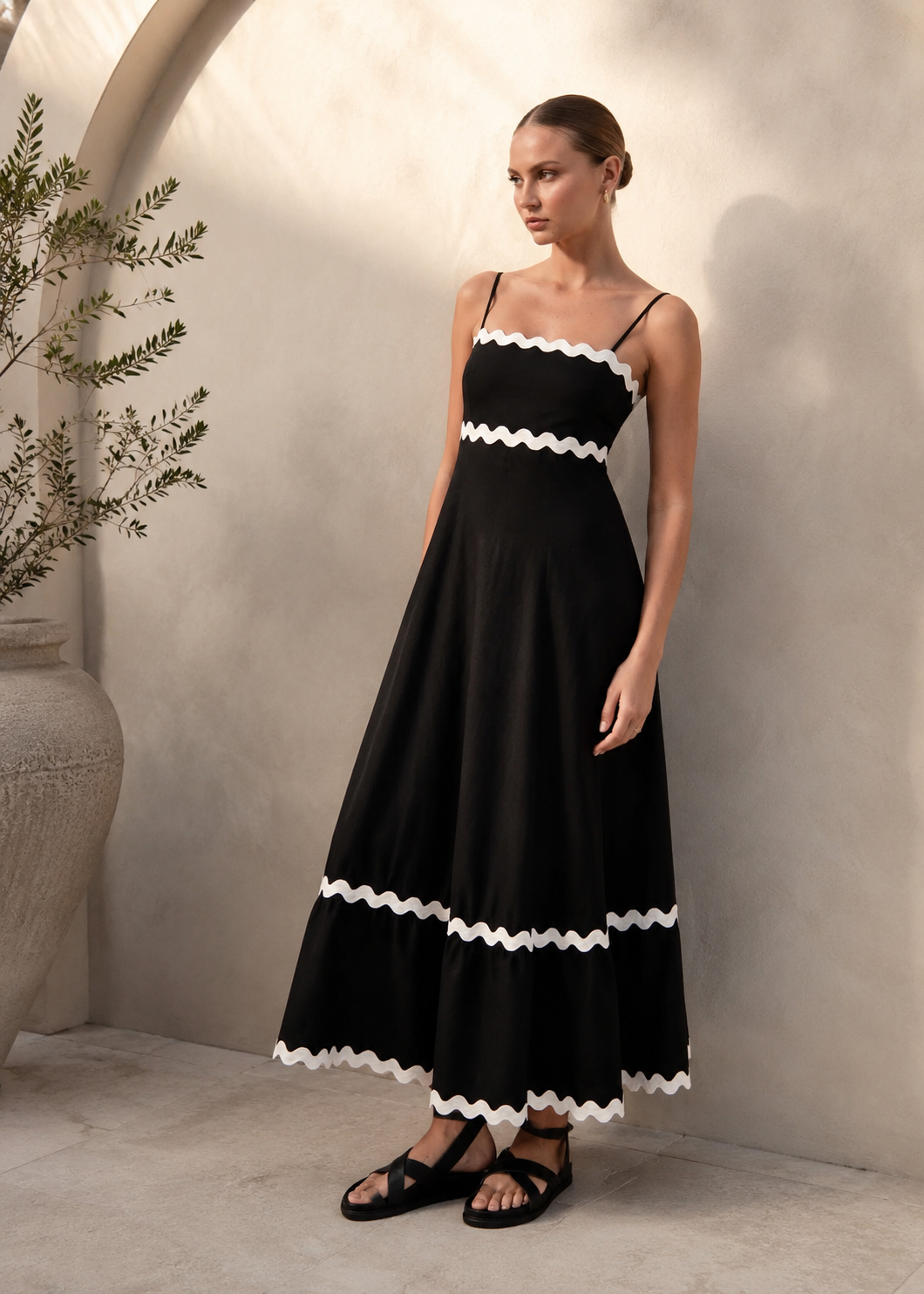 New Suspender Long Dress Summer Fashion Solid Color Wave Pattern Printed Beach Dresses For Womens Clothing Jovera Joyce