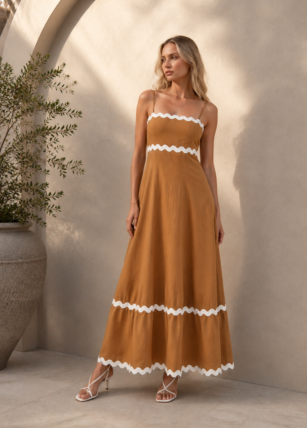 New Suspender Long Dress Summer Fashion Solid Color Wave Pattern Printed Beach Dresses For Womens Clothing Jovera Joyce