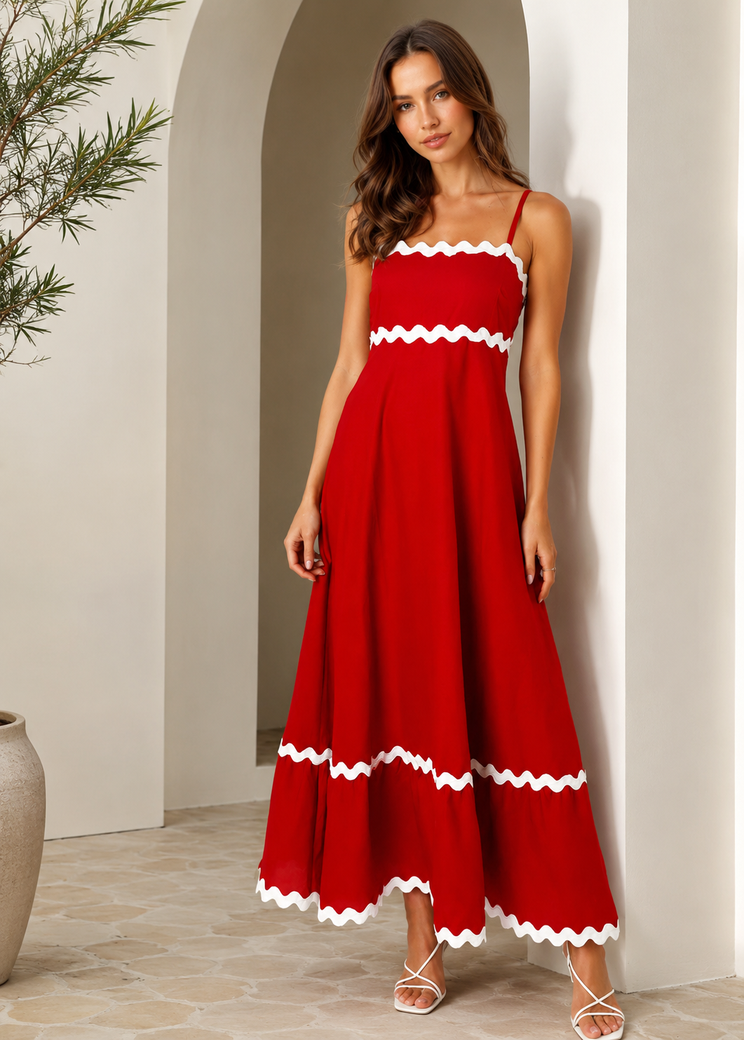 New Suspender Long Dress Summer Fashion Solid Color Wave Pattern Printed Beach Dresses For Womens Clothing Jovera Joyce