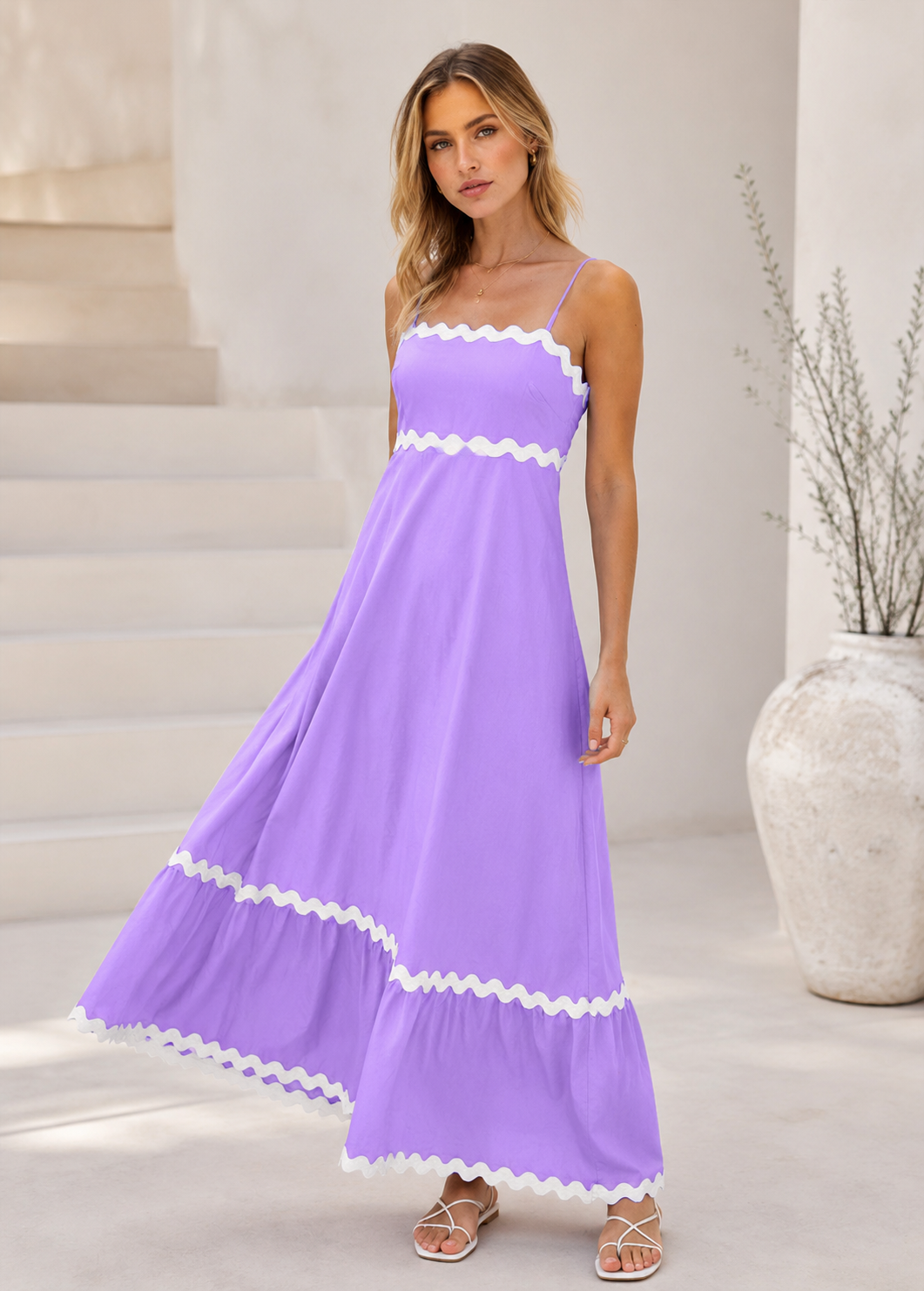 New Suspender Long Dress Summer Fashion Solid Color Wave Pattern Printed Beach Dresses For Womens Clothing Jovera Joyce
