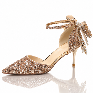 European And American Adult Banquet Sequined Bow Elegant Lady Fairy Buckle Closed Toe Women's High Heels Jovera Joyce