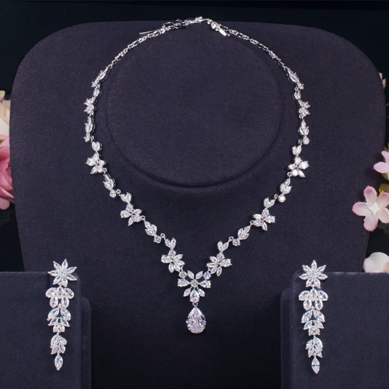 Women Wedding Jewellery Set with Shiny Cubic Zircon Stone Flower Long Leaf Shaped Dangle Earrings Necklace Luxury Bridal Jewelry Jovera Joyce