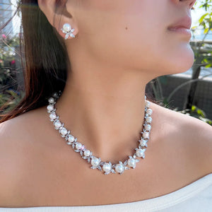 Dazzling Cubic Zirconia Stone Necklace and Earrings Big Imitation Pearl Jewelry Set for Women Wedding Bridal Dress Accessories Jovera Joyce