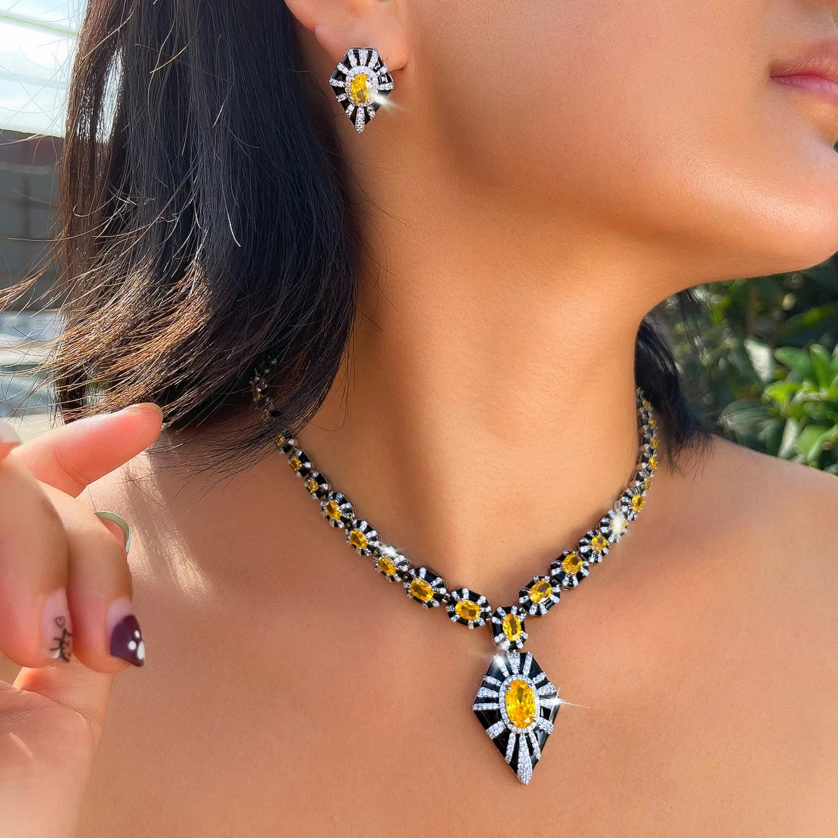 Vintage Geometric Black Enamel Yellow CZ Jewelry Set Dubai Bridal Zircon Necklace Earring Set for Women Evening Dress Jewelry Jovera Joyce