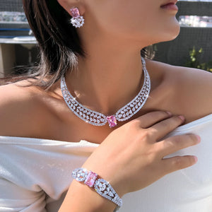 Trendy Water Drop Square CZ Crystal Jewelry Set Pink Cubic Zircon Necklace Earring Bracelet Women Engagement Costume Jewelry Set Jovera Joyce