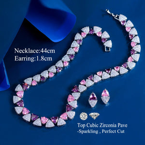 Geometric White Pink Purple Triangle Cubic Zircon Wedding Necklace Earrings 2Pcs Jewelry Set for Women Evening Party Accessory Jovera Joyce