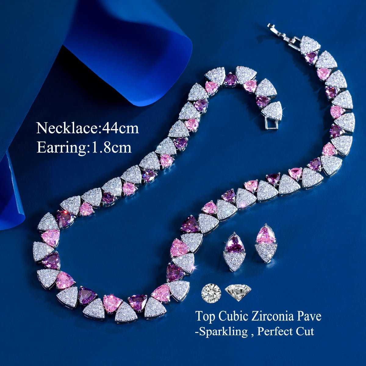 Geometric White Pink Purple Triangle Cubic Zircon Wedding Necklace Earrings 2Pcs Jewelry Set for Women Evening Party Accessory Jovera Joyce