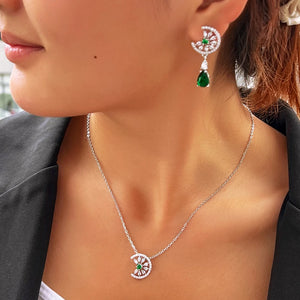 Dainty Blue Water Drop Cubic Zirconia Engagement Half Round Pendant Necklace and Earrings Fashion Jewelry Set for Women Jovera Joyce