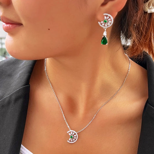 Dainty Blue Water Drop Cubic Zirconia Engagement Half Round Pendant Necklace and Earrings Fashion Jewelry Set for Women Jovera Joyce