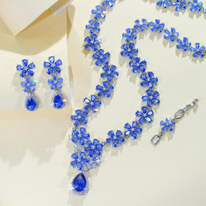 Tanzanite CZ Jewelry Set Blue Flower Water Drop Cubic Zirconia Dangle Necklace Earrings Jewelry Set With Rhodium Plated Gift Jovera Joyce