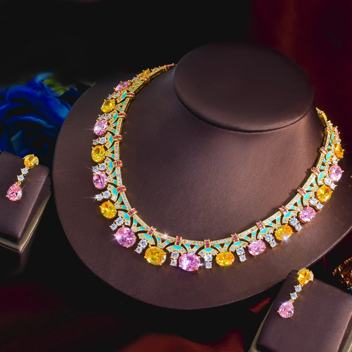 Trendy Necklace Earrings Yellow Pink CZ Oval Green Enamel Necklace Earrings for Women Party With Golden Plated Jewelry Set Jovera Joyce