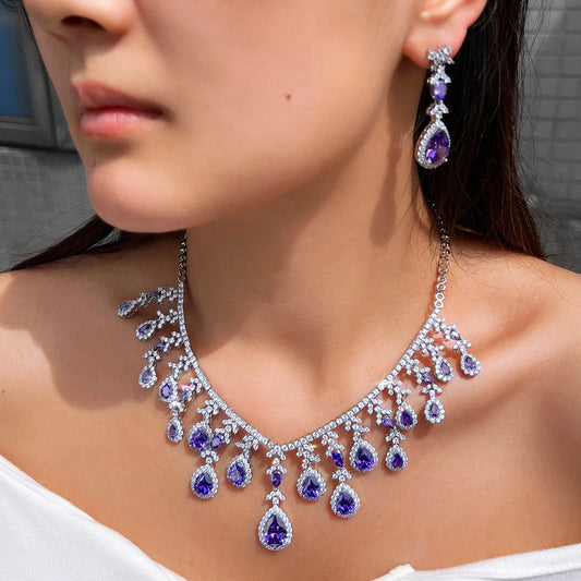 Gorgeous Long Tassel Necklace and Earrings CZ Zirconia Wedding Bridal Party Engagement Luxury Big Purple Jewelry Set for Women Jovera Joyce