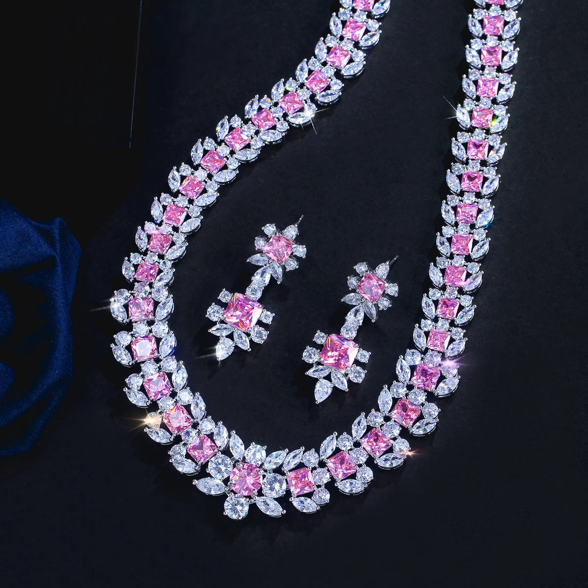 Rhodium Plated Geometric CZ Jewelry Set Pink Square Cubic Zircon Leaf Tennis Necklace Earrings Jewelry Set for Women Party Gift Jovera Joyce