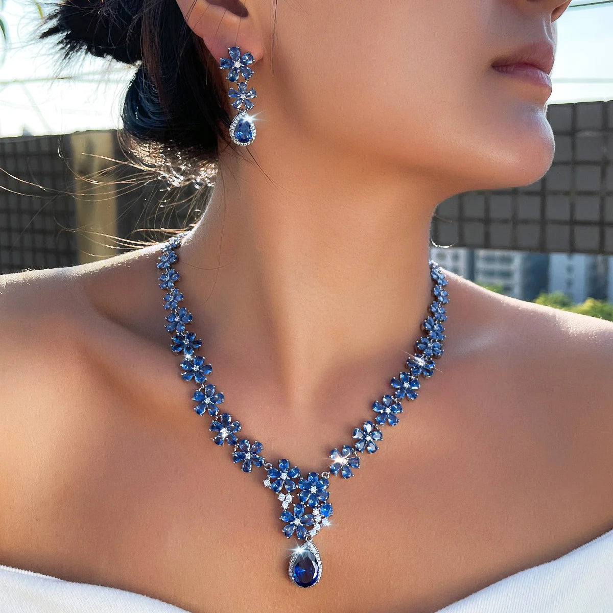 Tanzanite CZ Jewelry Set Blue Flower Water Drop Cubic Zirconia Dangle Necklace Earrings Jewelry Set With Rhodium Plated Gift Jovera Joyce