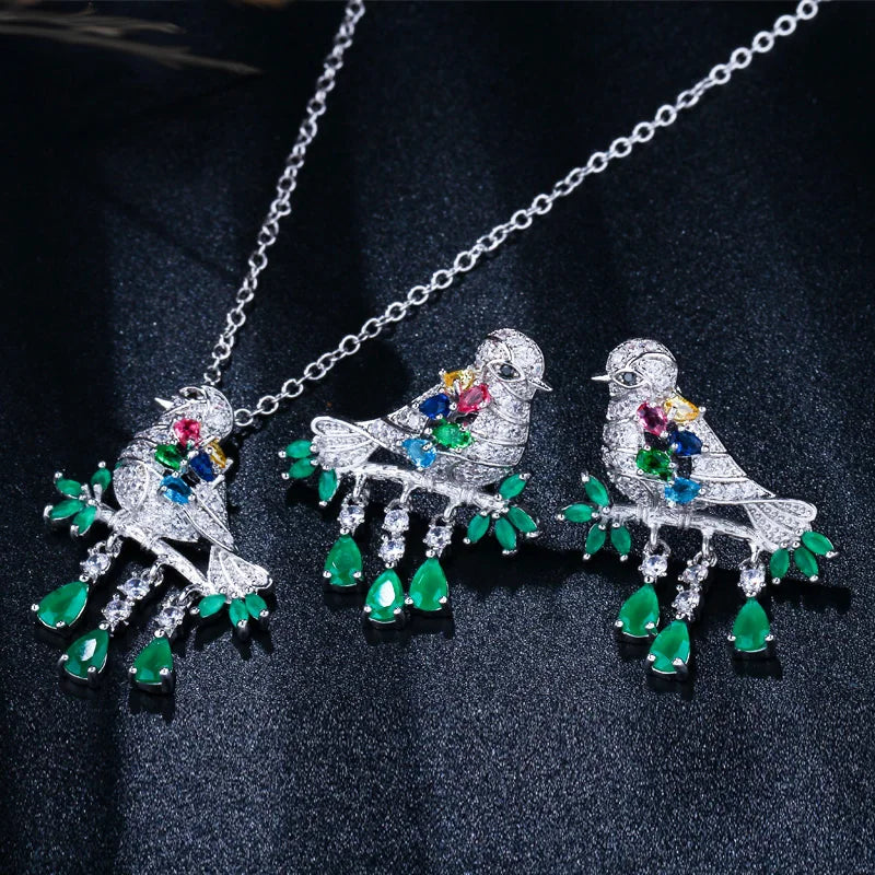 Fashion Design Green Cubic Zirconia Animal Birds Shaped Necklace and Earrings Jewelry Set for Women Girls Accessories Jovera Joyce