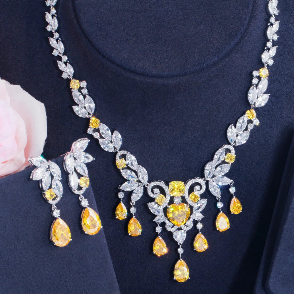 Rhodium Plated CZ Jewelry Set Yellow Zirconia Nigeria Tassel Necklace Earrings Bridal Wedding Luxury Jewelry Set for Women Party Jovera Joyce