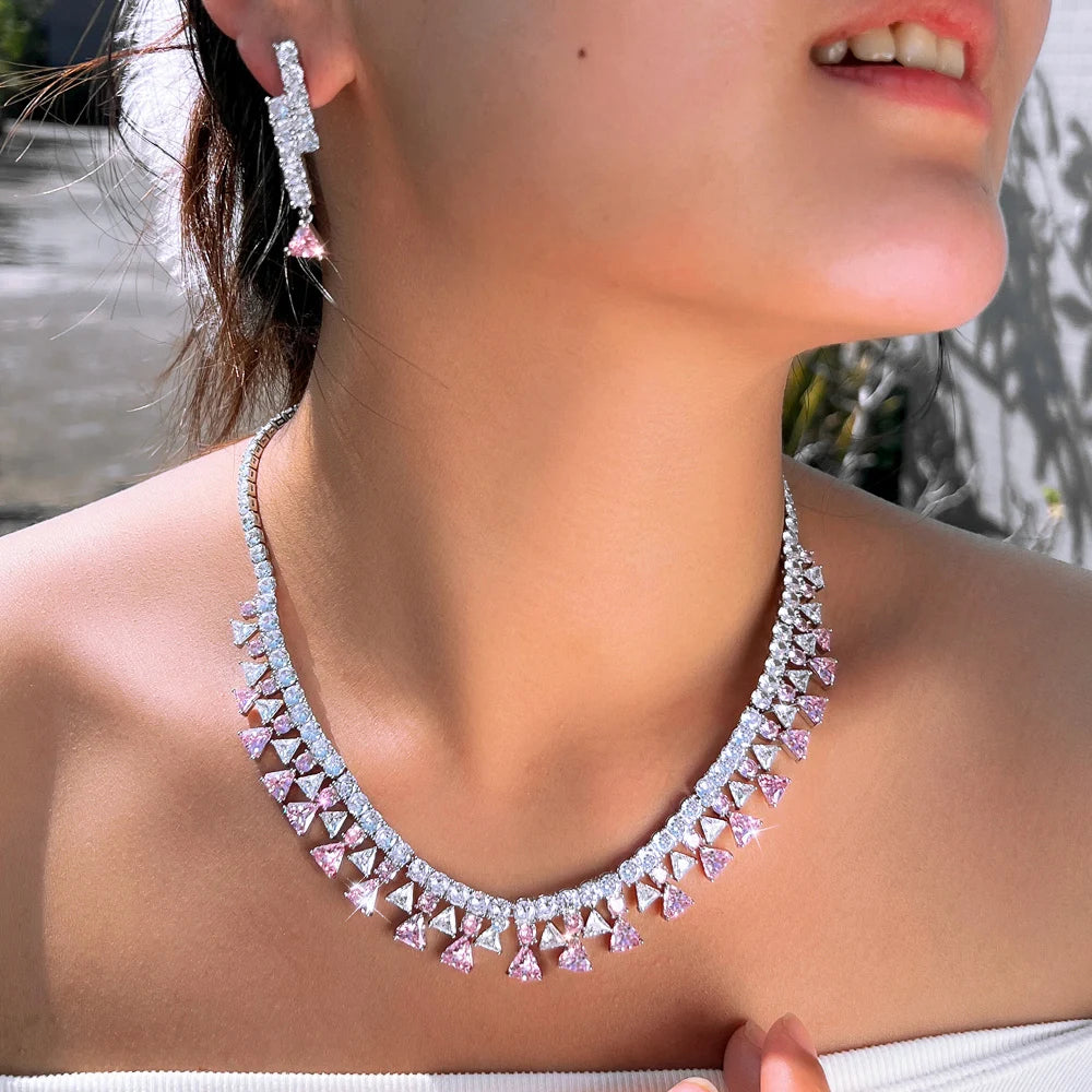 Shinning Triangle Shape Cubic Zirconia White and Pink Luxury Jewelry Set for Women Gathering Party Necklace and Earrings Set Jovera Joyce