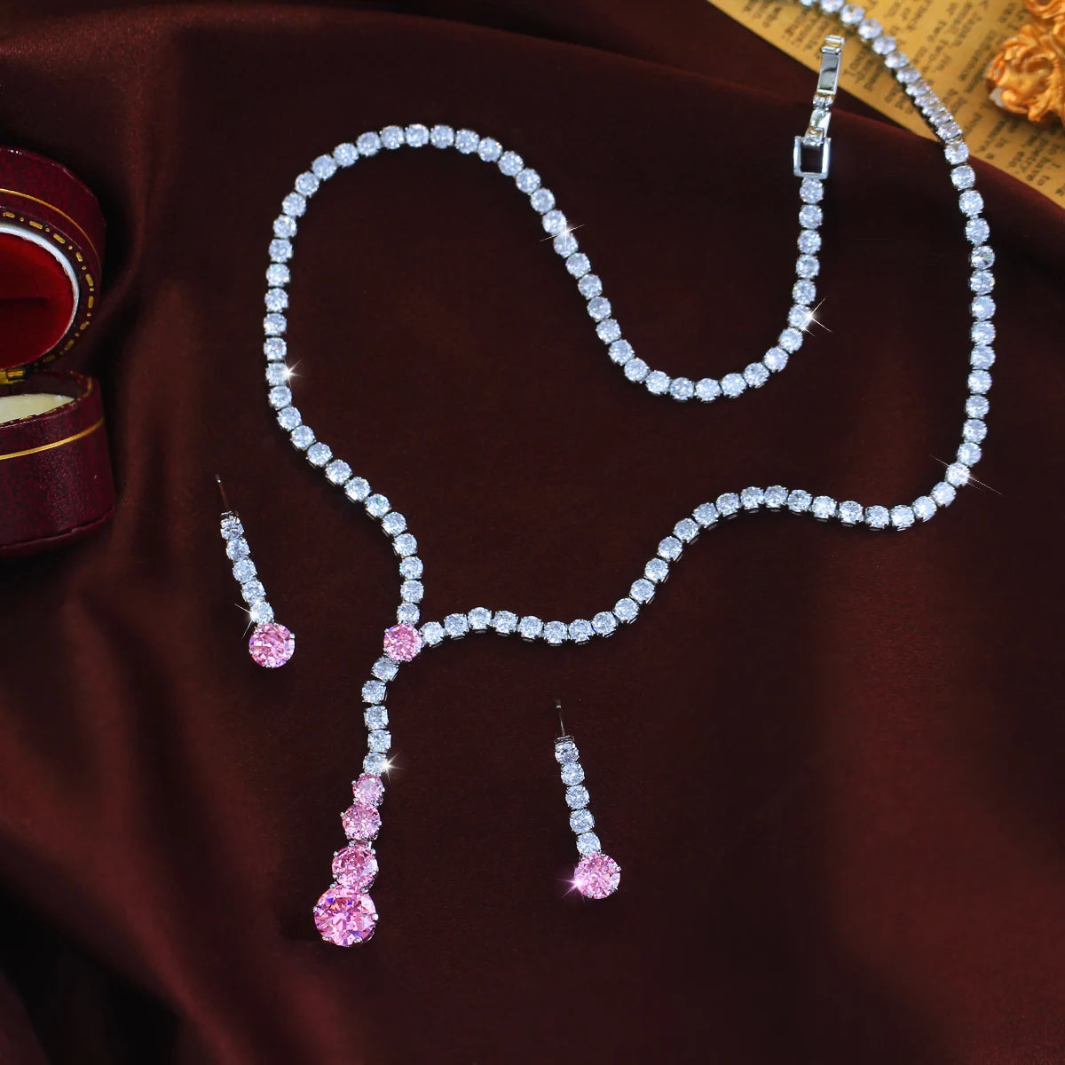 Charming CZ Jewelry Set Long Round Tennis Brilliant Cut Pink Zircon Necklace Earring Rhodium Plated CZ Women Wedding Jewelry Set Jovera Joyce