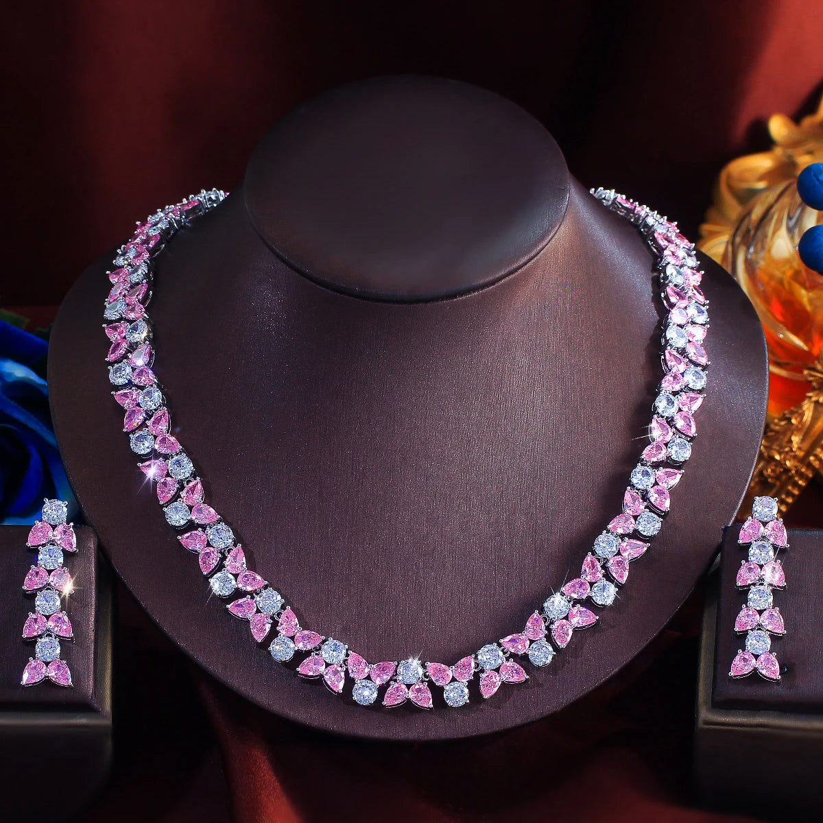 Exquisite Jewelry Set Rhodium Plated Pink White CZ Zircon Necklace Earrings Jewelry Set for Brides Women Unique Designer Party Jovera Joyce