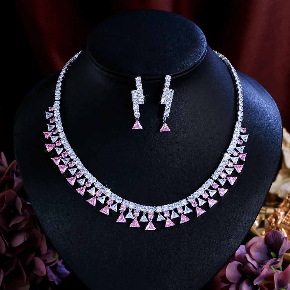 Shinning Triangle Shape Cubic Zirconia White and Pink Luxury Jewelry Set for Women Gathering Party Necklace and Earrings Set Jovera Joyce