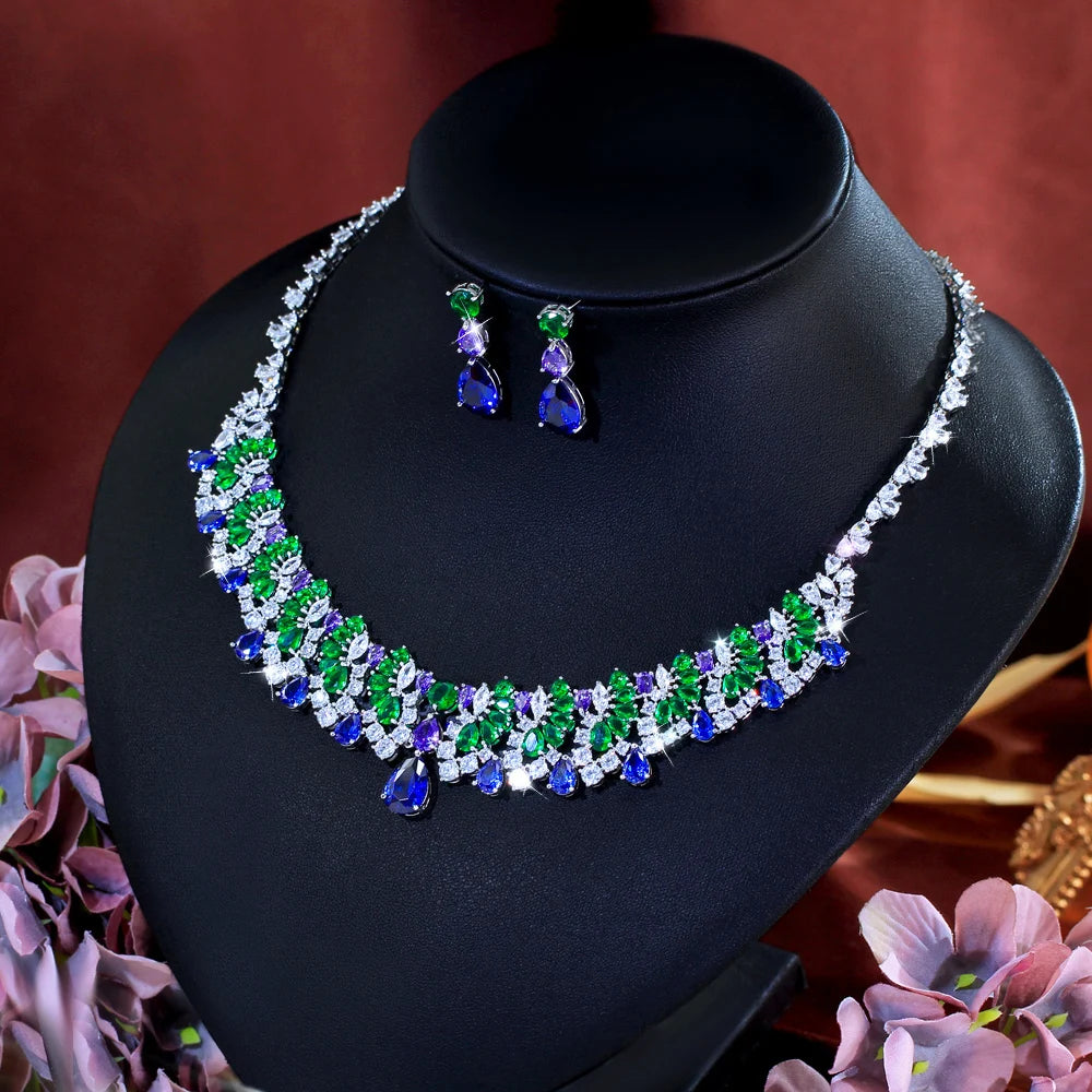 Vintage Shiny Blue Green Cubic Zirconia Necklace Earrings Luxury Water Drop Bridal Wedding Evening Party Jewelry Set for Women Jovera Joyce