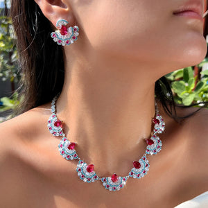 Beauty Jewelry Set Rhodium Plated Rose Red Turquoise CZ Dress Drop Tennis Jewelry Set for Women Brides Lady Costume Accessories Jovera Joyce