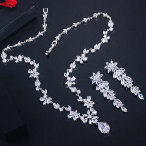 Women Wedding Jewellery Set with Shiny Cubic Zircon Stone Flower Long Leaf Shaped Dangle Earrings Necklace Luxury Bridal Jewelry Jovera Joyce