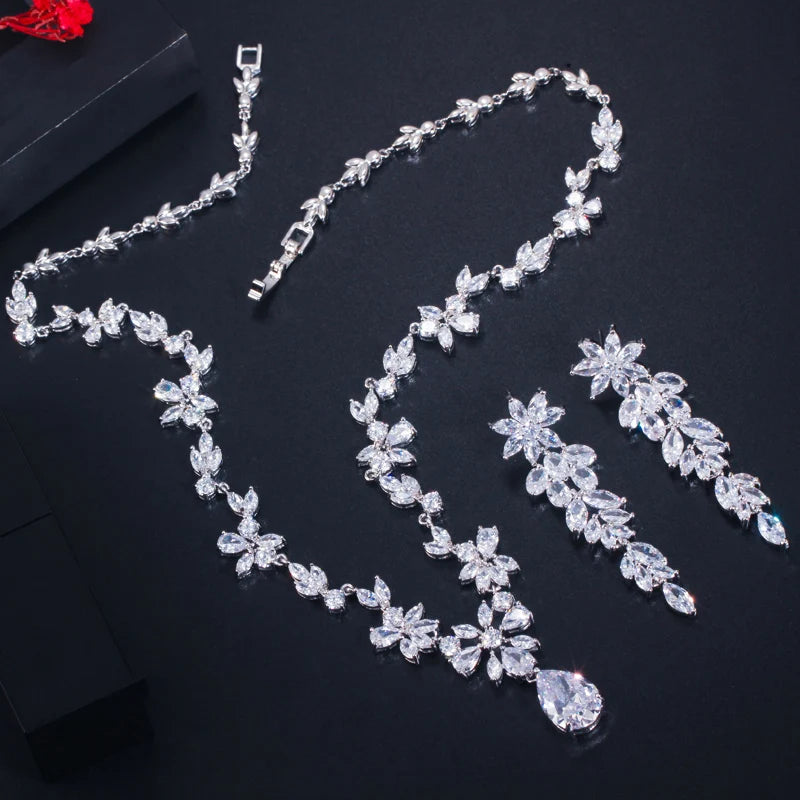 Women Wedding Jewellery Set with Shiny Cubic Zircon Stone Flower Long Leaf Shaped Dangle Earrings Necklace Luxury Bridal Jewelry Jovera Joyce