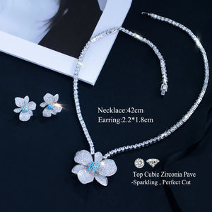Vintage Shiny Micro Pave CZ Turquoise Flower Pendant Necklace Stud Earrings Set for Women Formal Banquet Bridesmaid Jewelry Set Jovera Joyce
