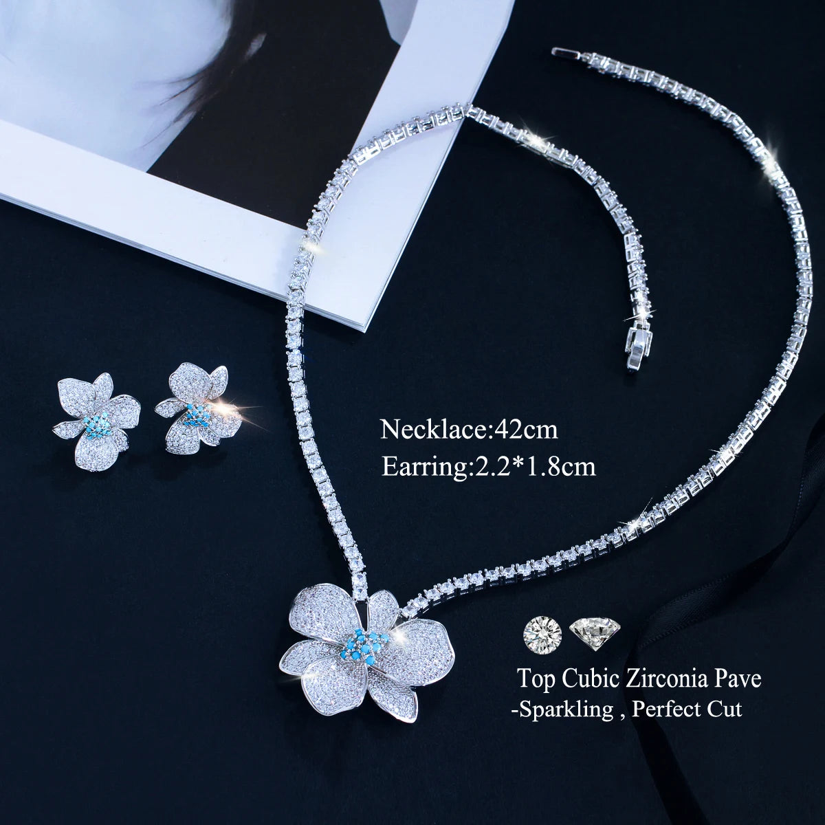 Vintage Shiny Micro Pave CZ Turquoise Flower Pendant Necklace Stud Earrings Set for Women Formal Banquet Bridesmaid Jewelry Set Jovera Joyce