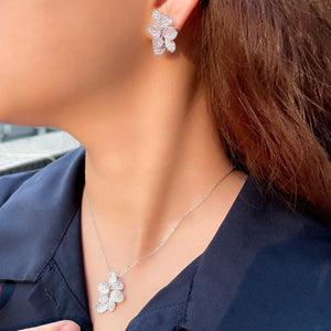 Glitter Silver Plated Cubic Zirconia Big Delicate Leaf Shaped Chain Pendant Necklace Earring Bridal Jewelry Sets for Women Jovera Joyce
