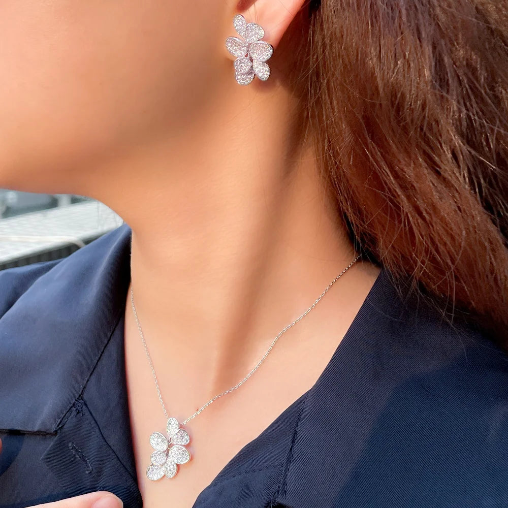 Glitter Silver Plated Cubic Zirconia Big Delicate Leaf Shaped Chain Pendant Necklace Earring Bridal Jewelry Sets for Women Jovera Joyce