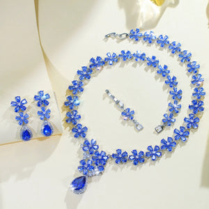Tanzanite CZ Jewelry Set Blue Flower Water Drop Cubic Zirconia Dangle Necklace Earrings Jewelry Set With Rhodium Plated Gift Jovera Joyce