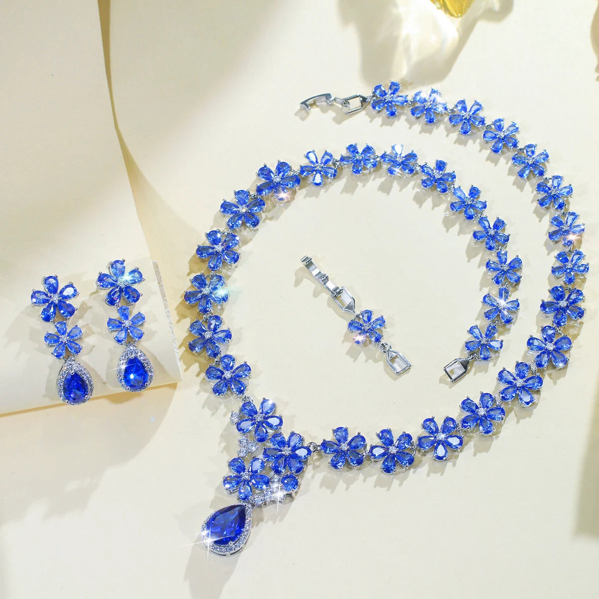 Tanzanite CZ Jewelry Set Blue Flower Water Drop Cubic Zirconia Dangle Necklace Earrings Jewelry Set With Rhodium Plated Gift Jovera Joyce
