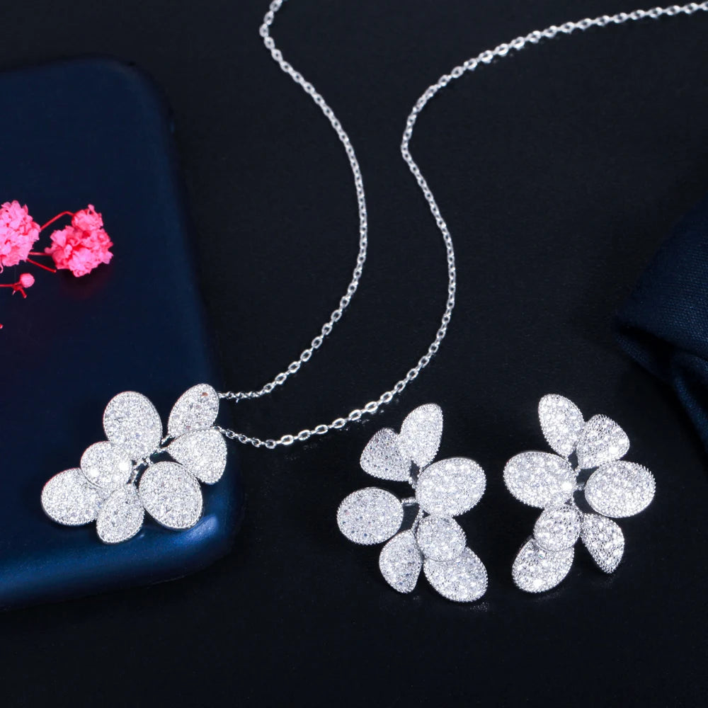 Glitter Silver Plated Cubic Zirconia Big Delicate Leaf Shaped Chain Pendant Necklace Earring Bridal Jewelry Sets for Women Jovera Joyce