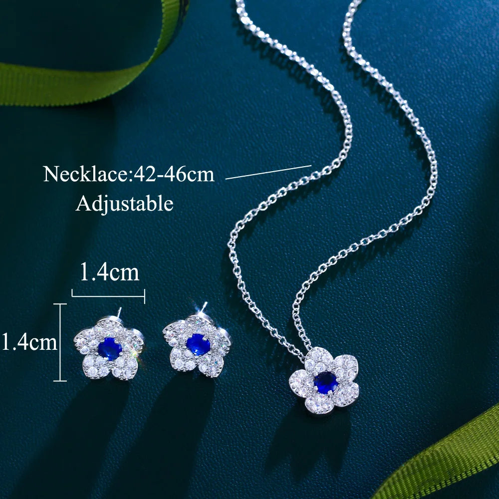 Korean Style Micro Pave Cubic Zircon Green Red Blue White Flowers Necklace and Earrings Jewelry Sets for Women Summer Daily Wear Jovera Joyce