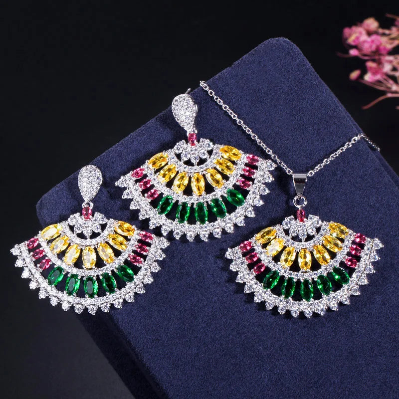 Simple Fashion Brand Designer Big Bold Long Dangle Green Earrings Necklace Cubic Zirconia Stone Engagement Jewelry Set for Women Jovera Joyce